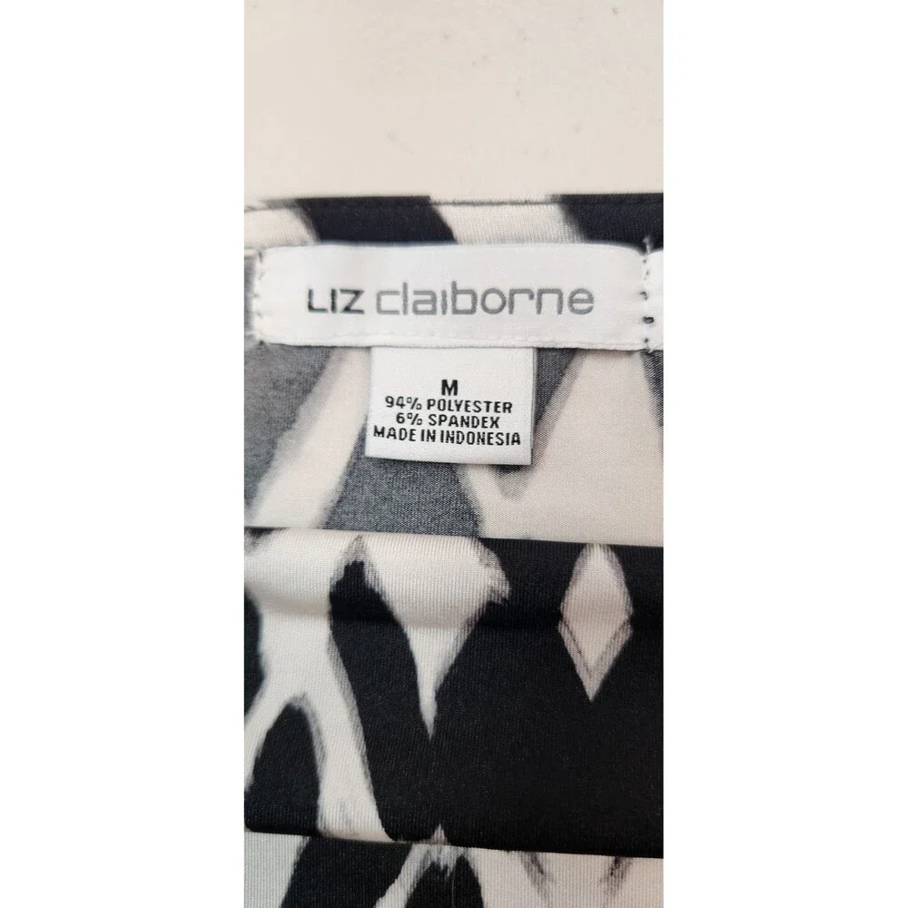 Liz Claiborne Women's Size M Black White Long Sleeve Belted Tunic Blouse Top